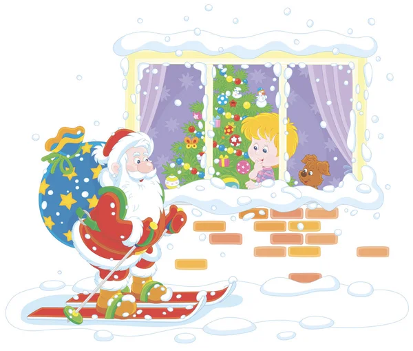 圣诞前一晚 一个小男孩拿着一大袋节日礼物 带着病媒漫画插图 透过窗户看圣诞老人滑雪 — 图库矢量图片