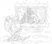 in der Nacht vor Weihnachten, ein kleiner Junge blickt durch ein Fenster auf den Weihnachtsmann beim Skifahren mit seiner großen Tasche voller Weihnachtsgeschenke, schwarz-weißer Vektor-Cartoon-Illustration