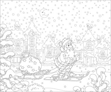 Noel Baba kayak yapıyor ve Noel hediyeleriyle dolu çantasını Noel arifesinde karla kaplı bir kış kasabasında kızağında taşıyor.