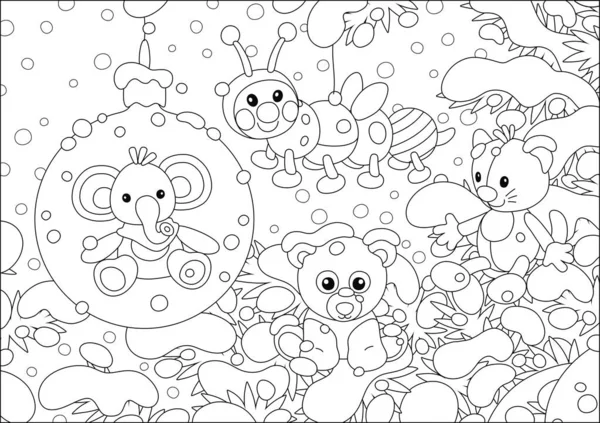 雪の冬の日に美しいモミの雪に覆われた枝にぶら下がっている可愛い赤ちゃん象や他の休日のおもちゃとクリスマスツリーボール 黒と白のベクトル漫画のイラスト — ストックベクタ