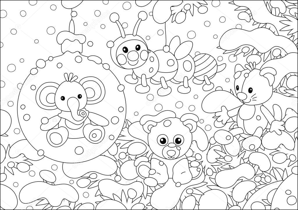 Christmas tree ball with a cute baby elephant and other holiday toys hanging on snow-covered branches of a beautiful fir on a snowy winter day, black and white vector cartoon illustration