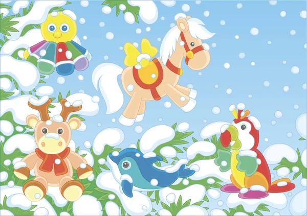 Karácsonyfa Színes Fényes Játékok Lóg Hófödte Ágak Egy Gyönyörű Zöld — Stock Vector