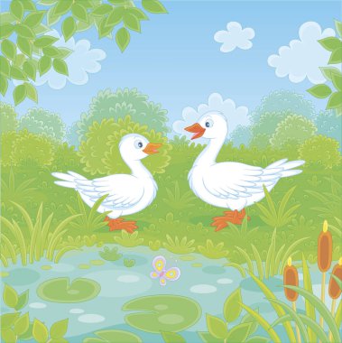 Yeşil bir çayırda küçük mavi bir göl kenarındaki vahşi beyaz kazlar güzel bir yaz gününde, vektör karikatür çizimi