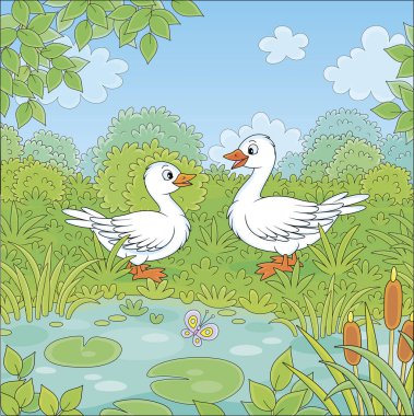 Yeşil bir çayırda küçük mavi bir göl kenarındaki vahşi beyaz kazlar güzel bir yaz gününde, vektör karikatür çizimi