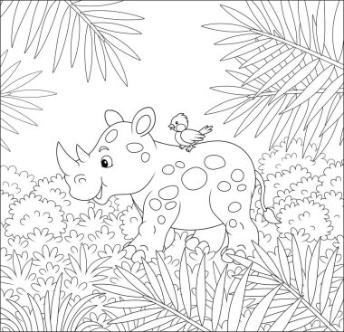 Küçük bir kuşla küçük bir gergedan yaz tropikal ormanlarında yürüyor, bir boyama kitabı sayfası için siyah ve beyaz vektör karikatür çizimi