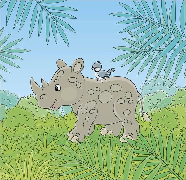 Petit Rhinocéros Gris Avec Petit Oiseau Marchant Dans Jungle Tropicale — Image vectorielle