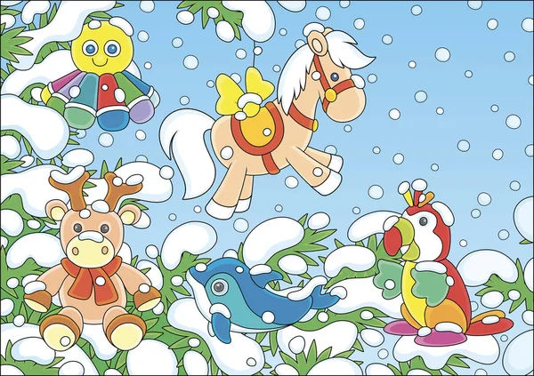 在雪天的冬天 圣诞树上挂着五彩缤纷的玩具 挂在一棵美丽的绿色冷杉的枝头上 — 图库矢量图片