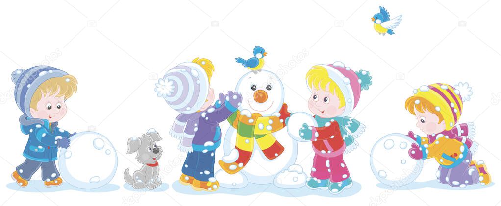 Happy little kids making big snow balls and sculpting a friendly smiling funny snowman with a colorful scarf, vector cartoon illustration