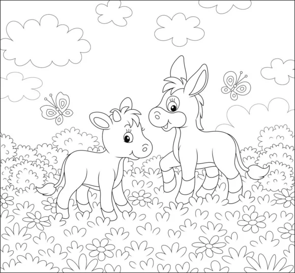 Small Donkey Little Calf Walking Wild Flowers Grass Summer Field — Stock Vector