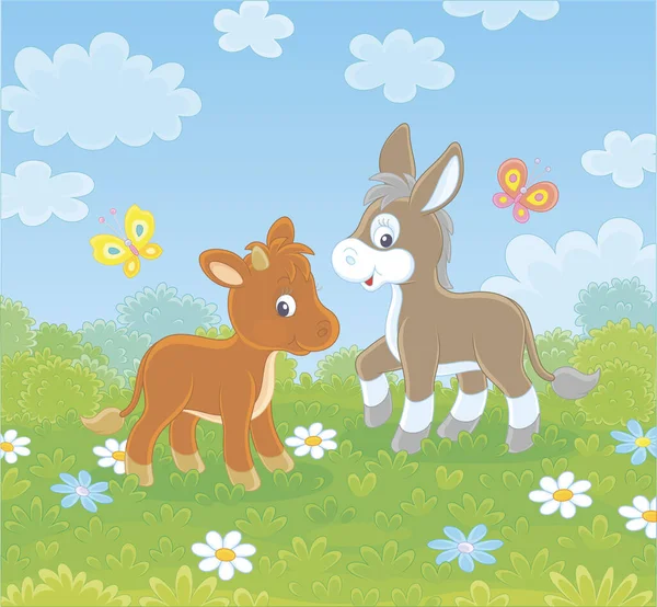 在阳光明媚的夏日 一头小驴和一头小牛犊在碧绿的草地上漫步在白花和蓝花之间 病媒卡通画图解 — 图库矢量图片