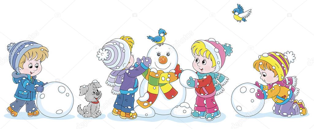 Happy little kids making big snow balls and sculpting a friendly smiling funny snowman with a colorful striped scarf, vector cartoon illustration