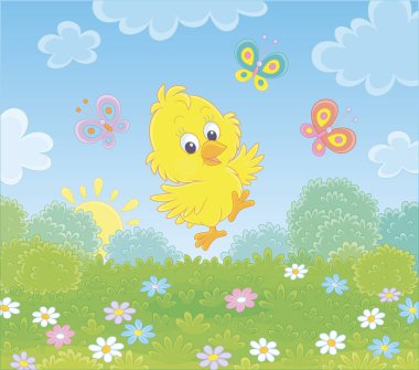 Güneşli bir bahar sabahı yeşil bir çimenliğin yabani çiçekleri arasında neşe içinde dans eden sevimli küçük civciv, vektör karikatür çizimi