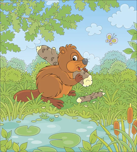 Brown beaver with a big flat tail and large teeth carrying a small gnawed log by a small blue lake in a green forest on a beautiful summer day, vector cartoon illustration