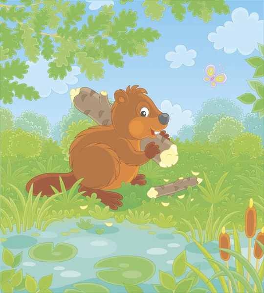 Brown Beaver Big Flat Tail Large Teeth Carrying Small Gnawed — Stock Vector