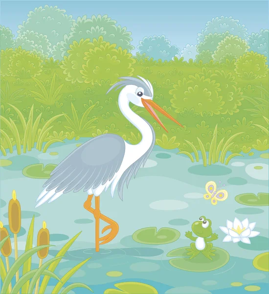 大灰白色的鲱鱼和一只绿色的小青蛙在湖中的手杖 草和夏季草甸的丛林中 病媒卡通画 — 图库矢量图片