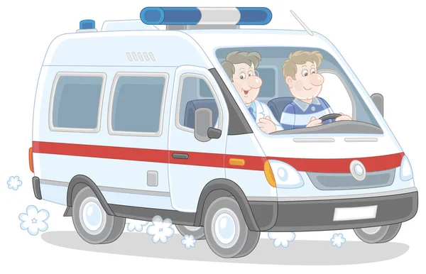 Ambulance Car Doctor Driver Hurrying Rescue Vector Cartoon Illustration — Stock Vector