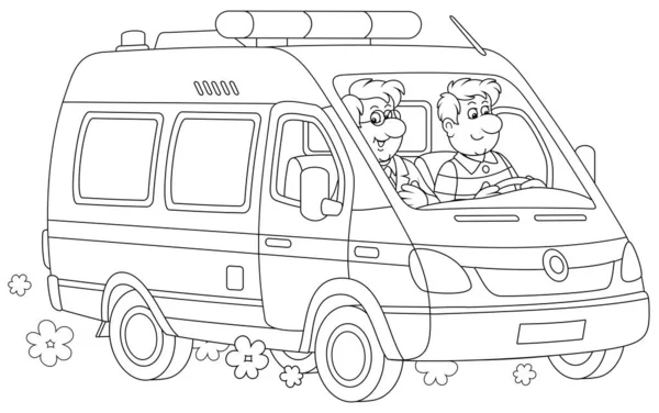 一辆救护车载着一名医生和一名司机赶往现场抢救 一辆黑色和白色的病媒卡通画为书页涂色 — 图库矢量图片