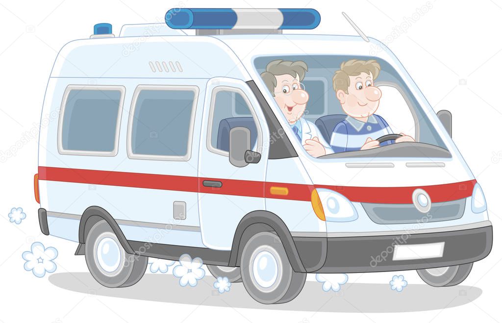 Ambulance car with a doctor and a driver hurrying to rescue, vector cartoon illustration