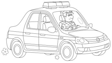 Devriye gezen bir trafik polisiyle polis arabası, boyama kitabı sayfası için siyah-beyaz vektör karikatür çizimi
