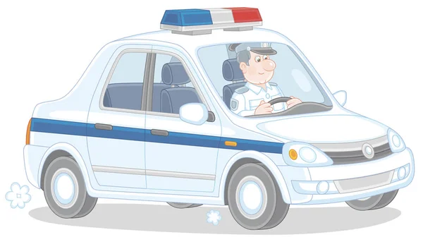 Polisbil Med Trafikpolis Tjänst Patrull Vektor Tecknad Illustration Isolerad Vit — Stock vektor