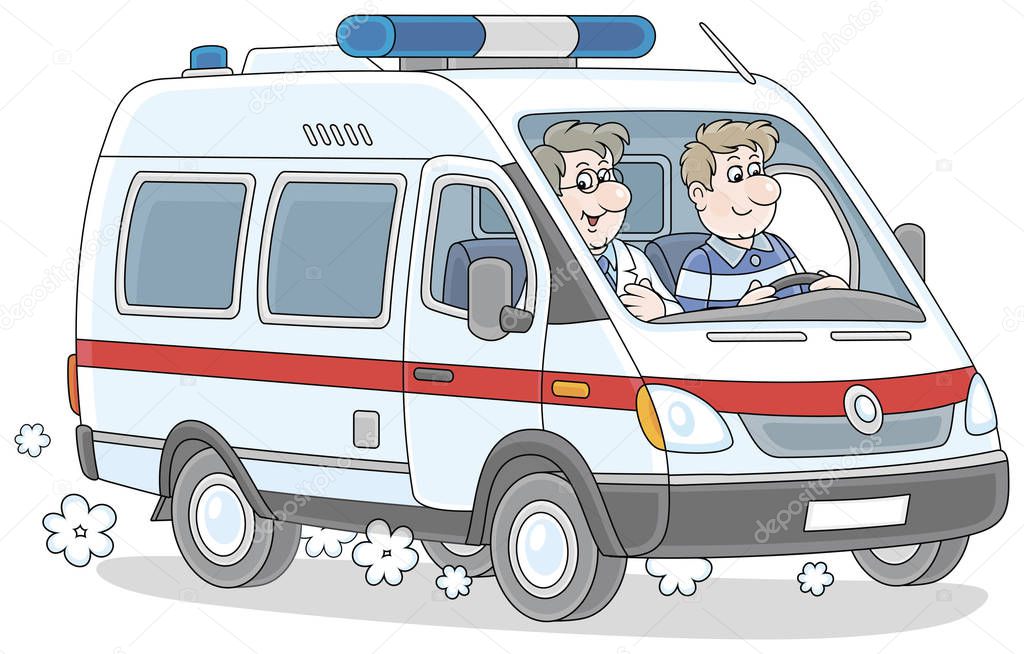 Ambulance car with a doctor and a driver hurrying to rescue, vector cartoon illustration isolated on a white background