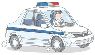 Devriye sırasında görevli bir trafik polisi olan polis arabası beyaz arka planda izole edilmiş vektör karikatür çizimi.