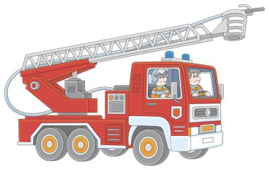 İtfaiyecileri ve büyük yangınlarla mücadele ekipmanlarını taşıyan itfaiye aracı beyaz arka planda izole edilmiş vektör karikatür çizimi