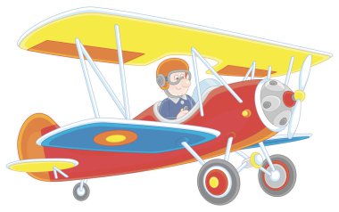 Oyuncak uçak pilotluğu komik bir karikatür havacısı tarafından, vektör çizimi beyaz arka planda