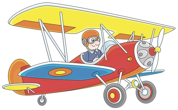 Toy Airplane Piloting Funny Cartoon Aviator Vector Illustration White Background — 스톡 벡터