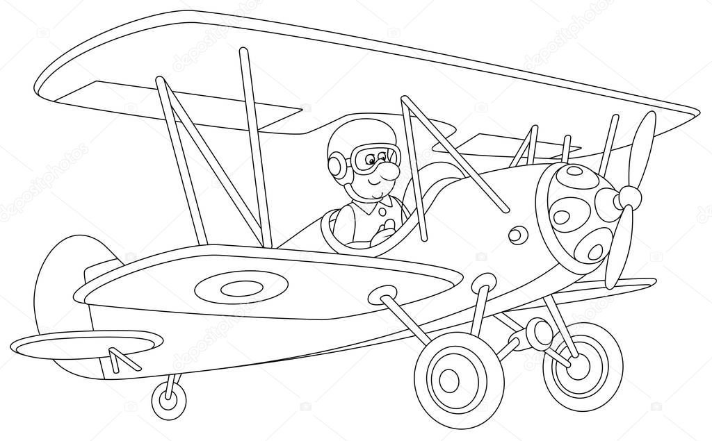 Toy airplane piloting by a funny cartoon aviator, black and white outline vector illustration for a coloring book page
