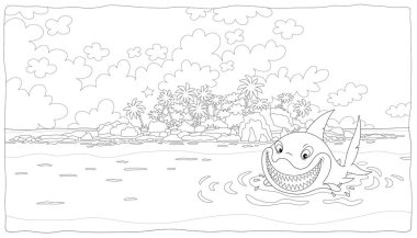 Komik büyük beyaz köpekbalığı sinsice gülümsüyor ve güzel bir palmiye adasının yakınındaki tropikal bir denizin sularında yüzüyor, siyah ve beyaz vektör çizimleri.