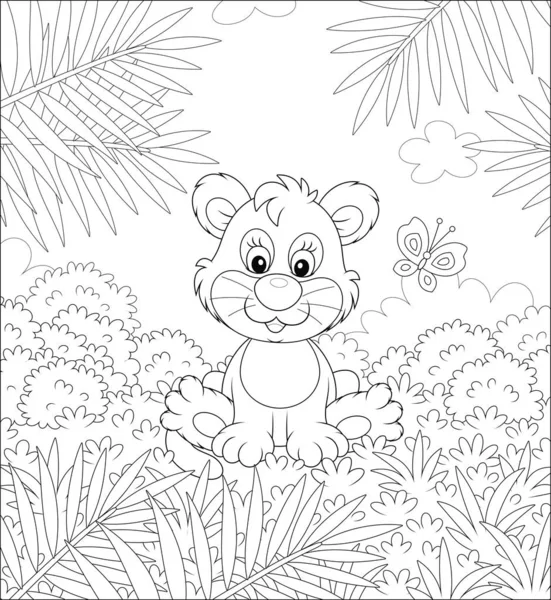小さなライオン遊びで小さな蝶を背景にヤシの枝と茂みのサバンナ 黒と白のベクトル漫画のイラストのために着色本のページ — ストックベクタ