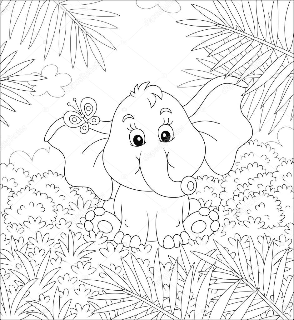 Little baby elephant sitting on grass and playing with a small butterfly against the background of palm branches and bushes of tropical savanna, black and white vector cartoon illustration