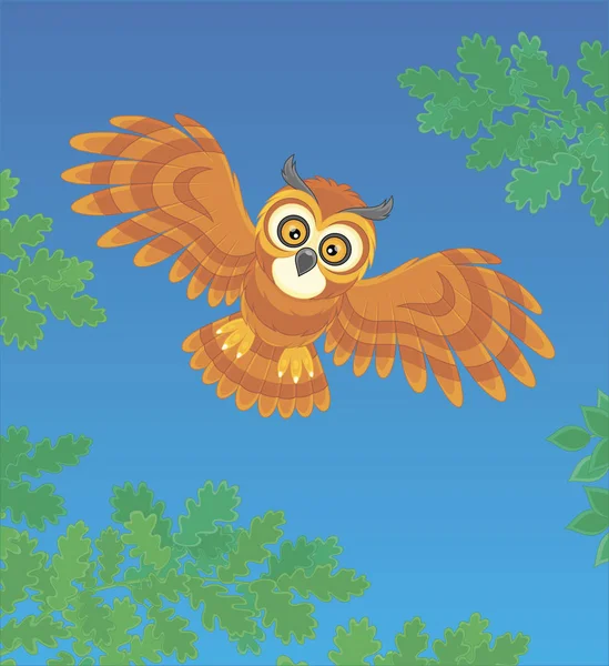 Brown Striped Owl Big Eyes Flying Dark Blue Midnight Sky — 스톡 벡터