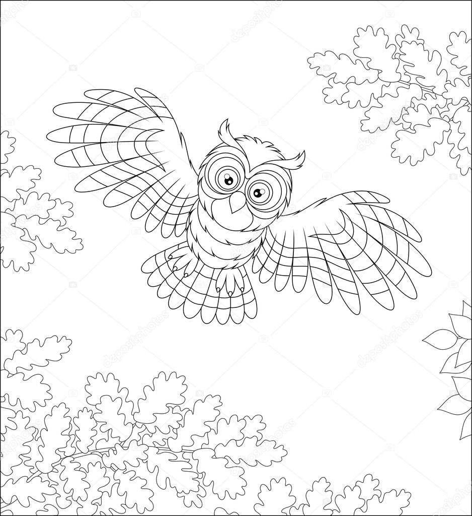 Striped owl with big round eyes flying in the midnight sky and hunting over a wild forest, black and white vector cartoon illustration for a coloring book page