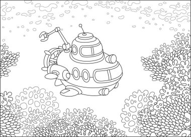 Exploratory deep-sea bathyscaphe with a manipulator swimming over coral reef in a tropical sea, black and white outline vector illustration for a coloring book page clipart