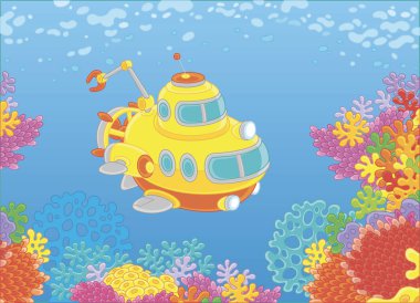 Exploratory deep-sea bathyscaphe with a manipulator swimming over colorful coral reef in blue water of a tropical sea, vector cartoon illustration clipart