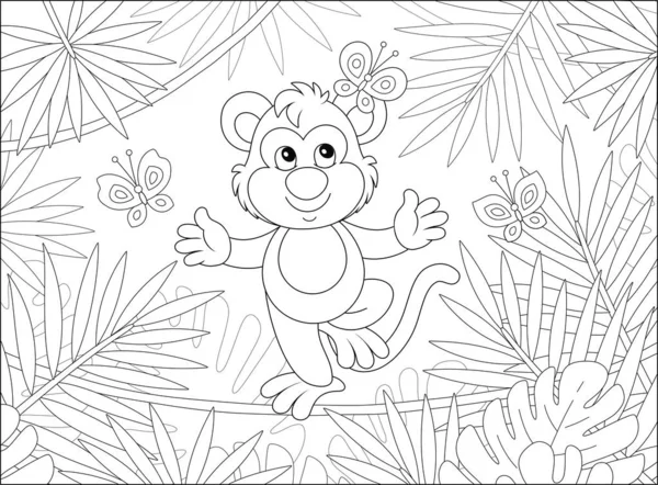 面白い陽気な猿のバランスで長いリアナと遊び小さな蝶の間でヤシの枝で熱帯ジャングル 黒と白のベクトル漫画のイラスト — ストックベクタ