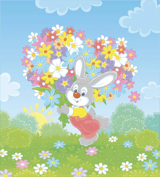 かわいい夏のフィールドにカラフルな野生の花のその大きな花束と小さな灰色のウサギ ベクトル漫画のイラスト — ストックベクタ