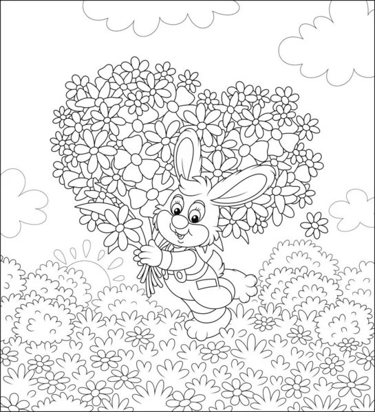 夏天美丽的田野上 长着一大束野花的小兔子 彩色书页上的黑白矢量卡通画 — 图库矢量图片
