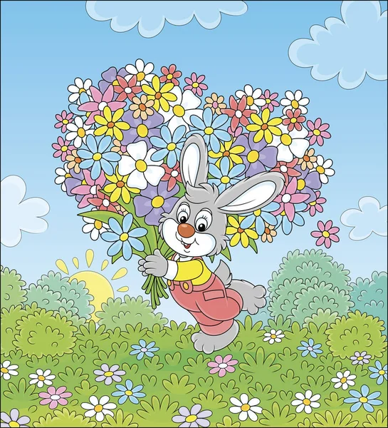 Petit Lapin Gris Avec Son Grand Bouquet Fleurs Sauvages Colorées — Image vectorielle