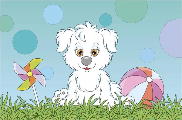 夏の公園の遊び場でカラフルなボールを持つゲームの後に緑の芝生の上に座って面白い小さな子犬 ベクトル漫画のイラスト — ストックベクタ