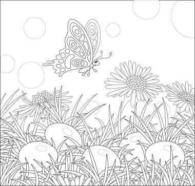Small butterfly flitting over wildflowers and decorated Easter eggs among thick grass on a sunny spring day, black and white vector cartoon illustration for a coloring book page clipart