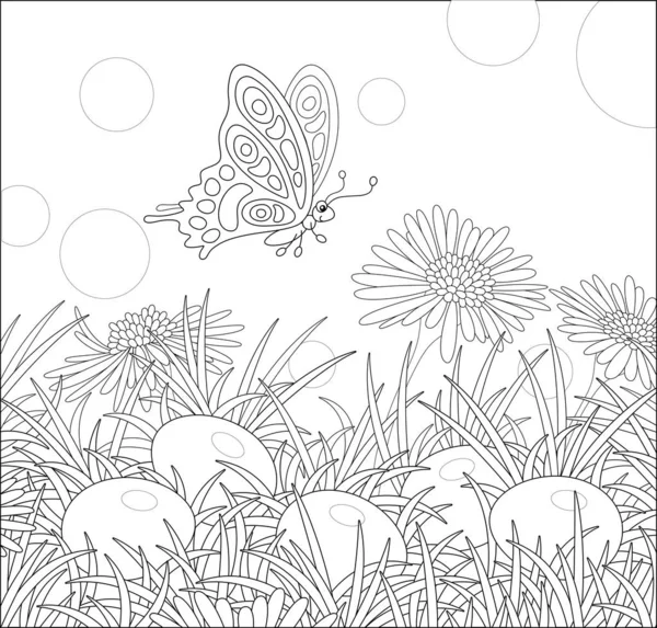 春日的艳阳天 一只蝴蝶在野花上飞舞 在茂密的草丛中彩绘复活节彩蛋 书页上的黑白矢量卡通画 — 图库矢量图片