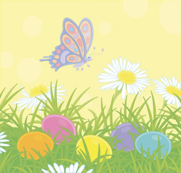 一个阳光明媚的春日 一只色彩艳丽的蝴蝶在野花上飞舞 在茂密的绿草中彩绘着复活节彩蛋 — 图库矢量图片