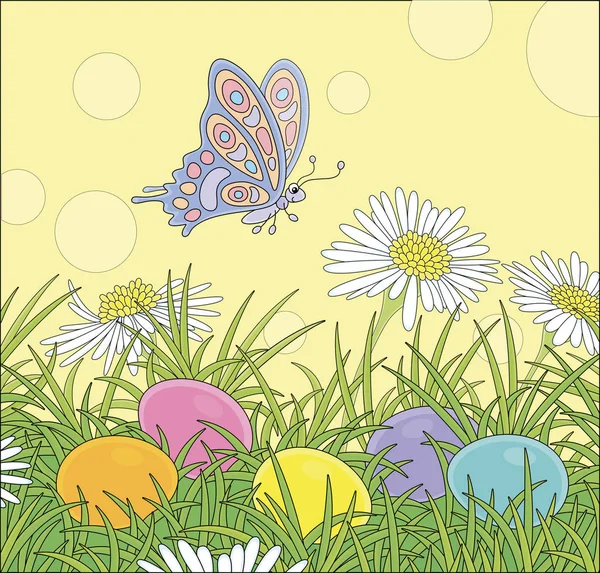 Small Brightly Colored Butterfly Flitting Wildflowers Decorated Easter Eggs Thick — Stock Vector