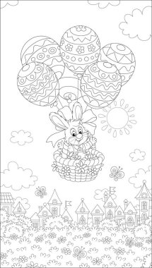Little Easter bunny flying in its holiday basket with decorated balloons above a small toy town on a sunny spring day, black and white vector cartoon illustration for a coloring book page