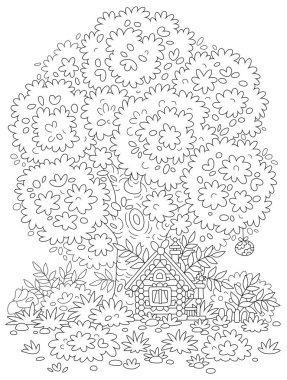 Paskalya dekorasyonlu küçük ahşap bir ev, bir veranda ve bir çit büyük bir dallı ağacın altında güzel bir orman açıklığında, siyah ve beyaz vektör karikatür çizimi bir boyama kitabı sayfası için