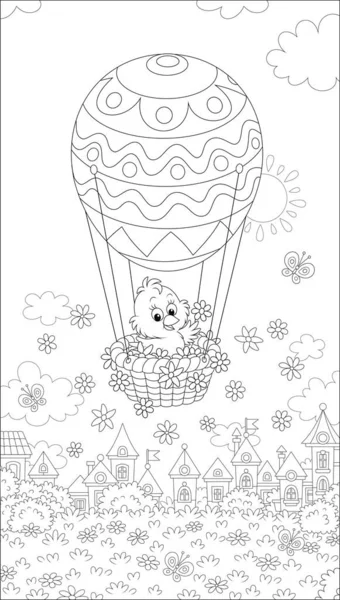 Malá Velikonoční Kuřátko Létající Svém Koši Zdobeným Balónem Nad Městečkem — Stockový vektor