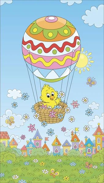 Little Easter Chick Vliegen Zijn Vakantie Mand Met Een Kleurrijk — Stockvector